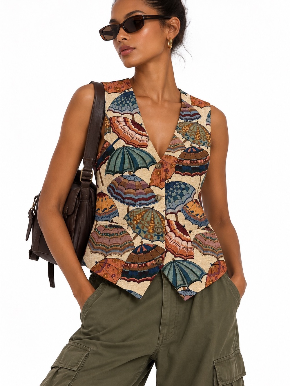 VINTAGE 90's Tapestry Parasol Umbrella Printed Sleeveless Vest Made in USA